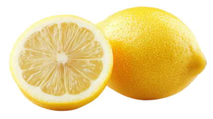 Whole and sliced lemon close up isolated on a transparent background