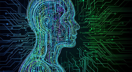 Vector of a Digital Human Profile Illustration with Circuitry in Blue and Green Futuristic Style