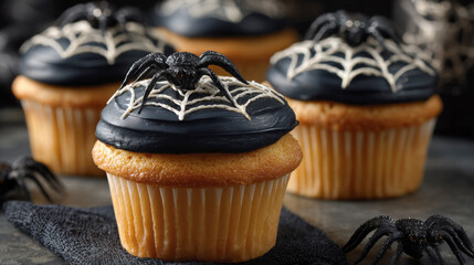 Delicious vanilla cupcakes with black frosting, detailed white spiderweb designs, and a scary glittery black spider on top. These Halloween treats are perfect for a spooky party or dessert table
