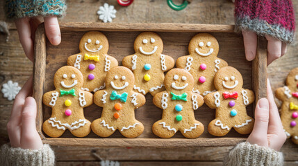 wooden tray filled with batch of smiling baked gingerbread men cookies, each decorated with colorful buttons, bow ties. Hands wearing cozy knit sweaters hold tray against a rustic wood background