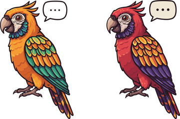 PrintColorful cartoon parrots, tropical exotic birds, funny talking animals, vibrant feathers, whimsical wildlife art, decorative vector illustration, playful nature design, communication theme