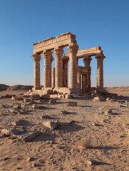 Majestic ruins of an ancient temple rise in a vast desert, showcasing well-preserved columns and stonework under bright daylight.