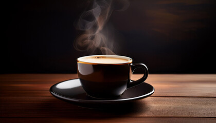 Steaming Coffee With Creamy Milk Resting On Black Saucer Presenting Minimalist Composition Against Dark Wooden Surface Highlighting Morning Ritual
