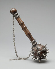 a metal mace with a wooden handle and silver spikes on the top, with a chain wrapped around it.