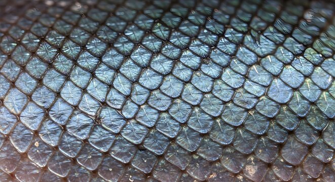 Closeup of iridescent fish scales with blue and green hues creating a natural textured pattern.