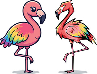 PrintColorful flamingo cartoon illustration, tropical exotic bird design, rainbow feathers artwork, cute flamingo character, fantasy wildlife drawing, vibrant pink tropical bird