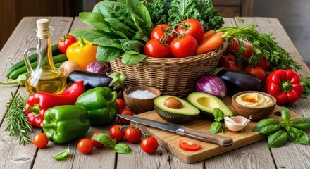 Vibrant array of fresh vegetables and herbs presented on a rustic wooden surface, including tomatoes, bell peppers, avocados, and a variety of other wholesome ingredients, showcasing a healthy and...