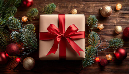 Christmas Gift Wrapped In Red Ribbon On Wooden Table With Festive Decorations