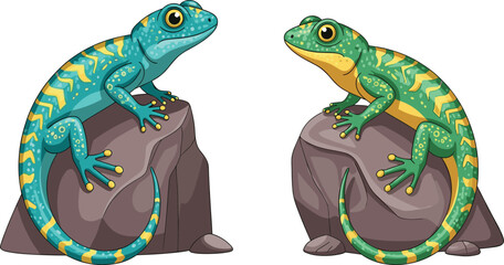 PrintColorful gecko lizard illustration on rock, exotic reptile artwork, tropical wildlife drawing, detailed animal vector design, nature inspiration, cartoon style