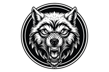 Vector art of a fierce wolf head illustration in a circle, showcasing its sharp teeth and intense gaze, perfect for logos, tattoos, or graphic designs