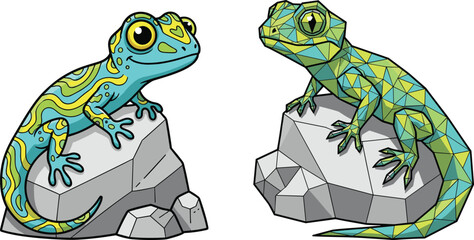 PrintColorful gecko illustration on rock, polygon art lizard design, exotic reptile artwork, tropical wildlife drawing, geometric animal vector, nature inspirationColorful gecko illustration on rock