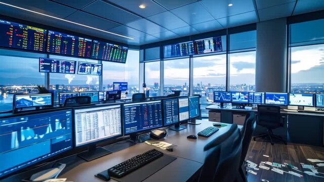 Sophisticated trading floor environment with real-time data feeds and money piles showcasing