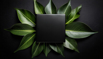Sleek Black Square Object Is Centered On Dark Surface Surrounded By Vibrant Green Leaves Creating Modern And Natural Contrast
