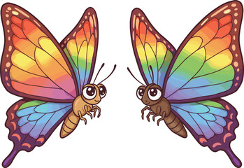 PrintColorful rainbow butterflies with big cute eyes, cartoon insect artwork, vibrant butterfly wings illustration, fantasy insect drawing, decorative digital nature design