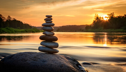 Balanced Stack Of Stones By River At Sunrise