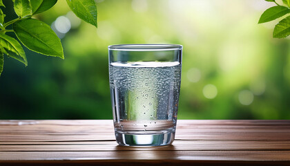 A Refreshing Glass Of Water With Condensation Sits On A Wooden Table Surrounded By A Blurred Green Background Evoking A Cool Thirst Quenching Vibe