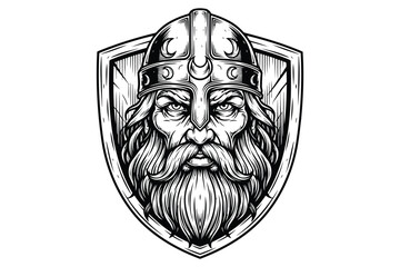 Illustration of a stern viking warrior with a detailed beard and helmet, set against a shield, perfect for historical or fantasy themes