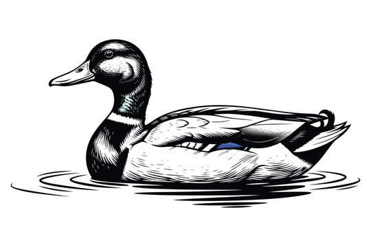 Vector art of a detailed illustration of a mallard duck swimming in water, the duck has a green head, brown body, and a white stripe on its neck