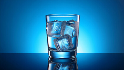 Clear Ice Cubes In A Glass Filled With Water Against A Blue Background
