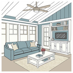 Cozy Living Room with Vaulted Ceiling and Blue Sofa 