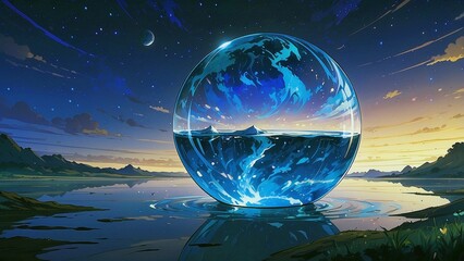 ゲーム背景　パワー回復のできる美しいガラスの地球儀がある風景