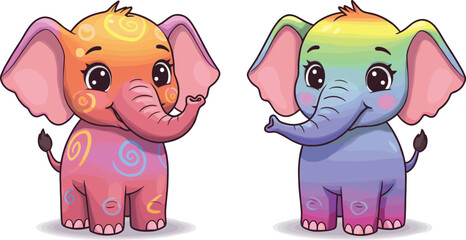 PrintCute colorful cartoon elephant illustration, adorable baby elephant character, rainbow animal design, funny kids artwork, vector drawing, children’s cartoon style