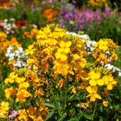 Obraz premium Vibrant yellow flowers amidst a colorful garden