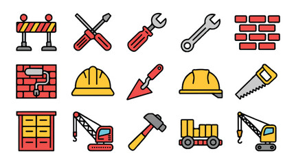 A set of 15 construction and building-related icons arranged in a 3x5 grid against a white background.  
