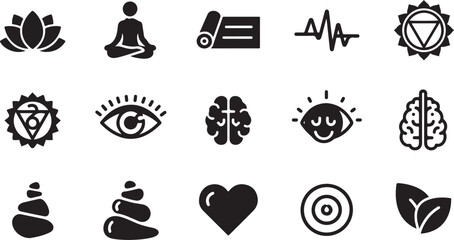 Yoga & Meditation Icons Set – 8–12 Black Silhouette Lotus Poses, Chakras & Mindfulness Symbols for Vector & Digital Use