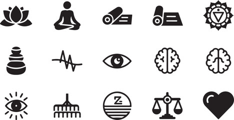 Yoga & Meditation Icons Set – 8–12 Black Silhouette Lotus Poses, Chakras & Mindfulness Symbols for Vector & Digital Use