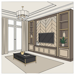 Interior Design Layout Sofa, TV Cabinet, and Coffee Table Arrangement Vector 