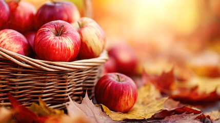 Fresh red apples in a woven basket surrounded by autumn leaves, capturing the essence of harvest season and natural beauty