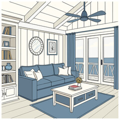Line Art Drawing Detailed Sunroom Interior with Built-in Bookshelf and Ceiling Fan 