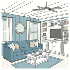 Modern Coastal Style Living Room Illustration Vector