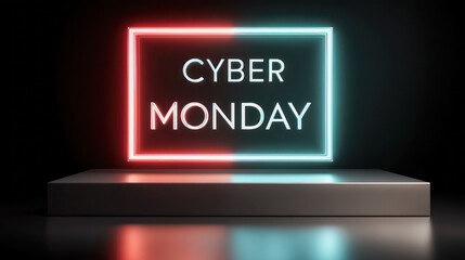 Neon sign displaying Cyber Monday promotion on a sleek platform with dramatic lighting, emphasizing the excitement of online shopping deals