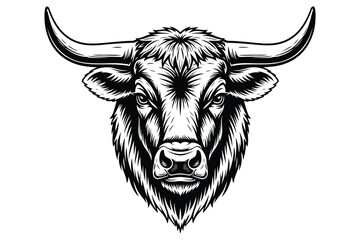 Vector art of a striking monochrome illustration of a bulls head, showcasing its powerful horns and intense gaze, the intricate details capture the animals strength and determination