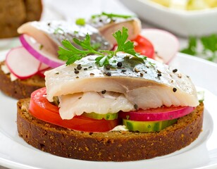 Open-faced sandwiches with fish and vegetables