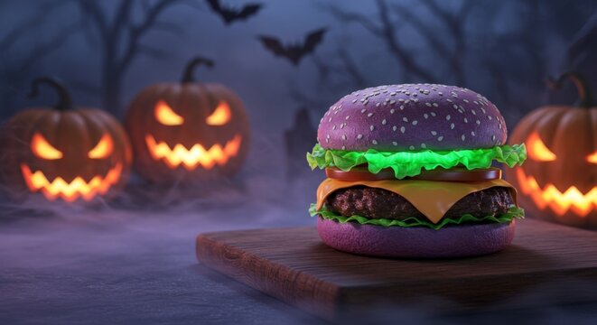 Purple Halloween burger with pumpkins and bats night, special Halloween menu