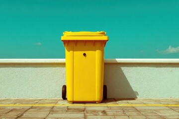 Bright Yellow Trash Can in Dark Forest