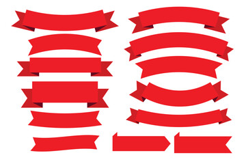 Collection of red ribbons and banners in various shapes and styles for design and decoration