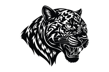 Vector art of jaguar head tattoo design, featuring a snarling jaguar with tribal patterns and bold lines, perfect for a striking and fierce tattoo