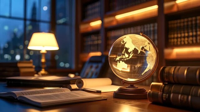 Study Ambience in Library with Globe and Books, Academic Inspiration Background Video - Powered by Adobe