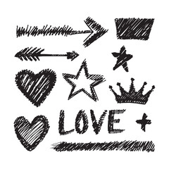 Line icon cute element set. Doodle line color icon, decorative arrow, cloud, crown, sparkle and flower. Hand-drawn heart, love text, love humorous outline cartoon ribbon for kids&mdash;vector illustration.