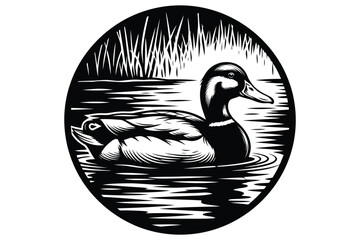 Illustration of a mallard duck swimming in water, the artwork showcases intricate line work and a serene, natural scene within a circle