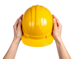 A worker’s hand lifting a yellow safety helmet high above the head by the strap, dyna 