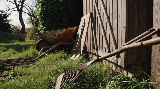 Rustic garden tools and wheelbarrow in sunny backyard scene