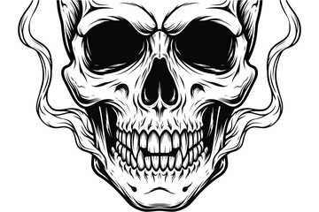 Illustration of a human skull with hollow eyes and smoke billowing from its features, depicted in a detailed black and white drawing