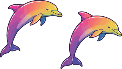 Colorful, gradient, cartoon dolphins, vibrant marine illustration, playful sea animals, abstract ocean art, leaping fish, whimsical aquatic design, white background