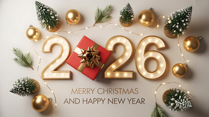 Luxurious 3D Merry Christmas and Happy New Year 2026 Greeting Design with Golden Lit Numbers and Festive Decor

