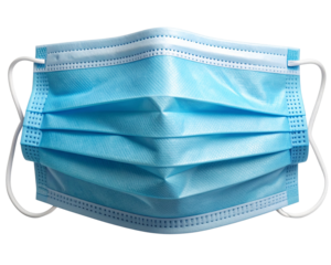 A slightly wrinkled and naturally curved light blue surgical face mask lying flat 